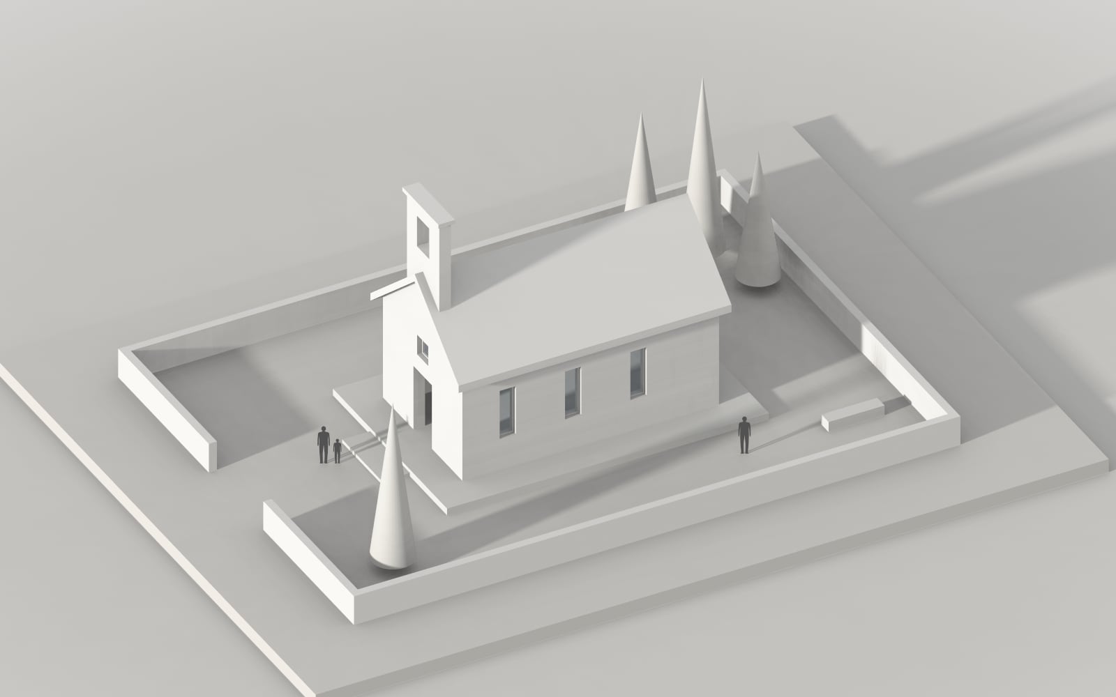 Assonometria di una piccola cappella con recinto e cipressi: il sole basso allunga le ombre sulla base del plastico.