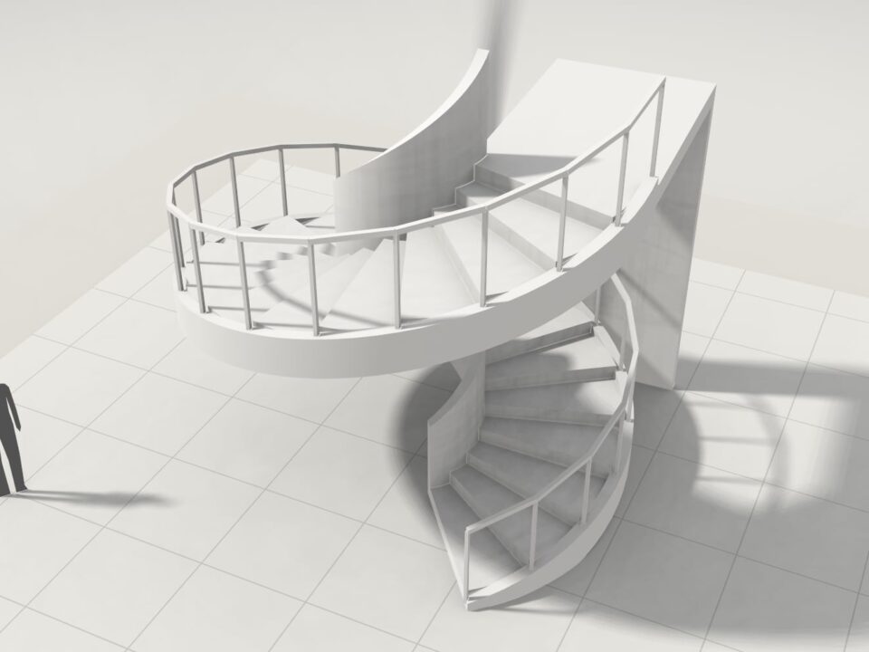 Modello di studio di una scala elicoidale con parapetto pieno, ripreso da vicino.