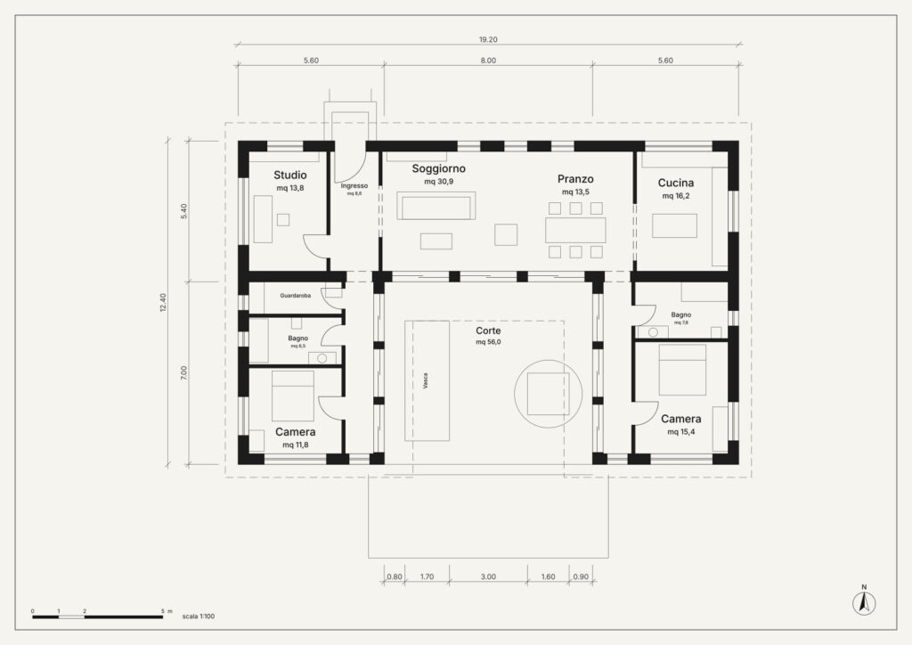 Tavola: pianta del piano terra — Casa a corte