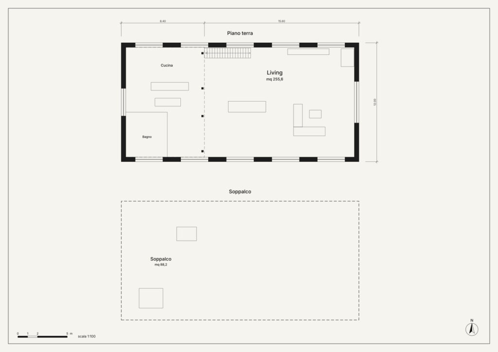 Tavola: pianta piano terra e soppalco — Loft in una ex officina